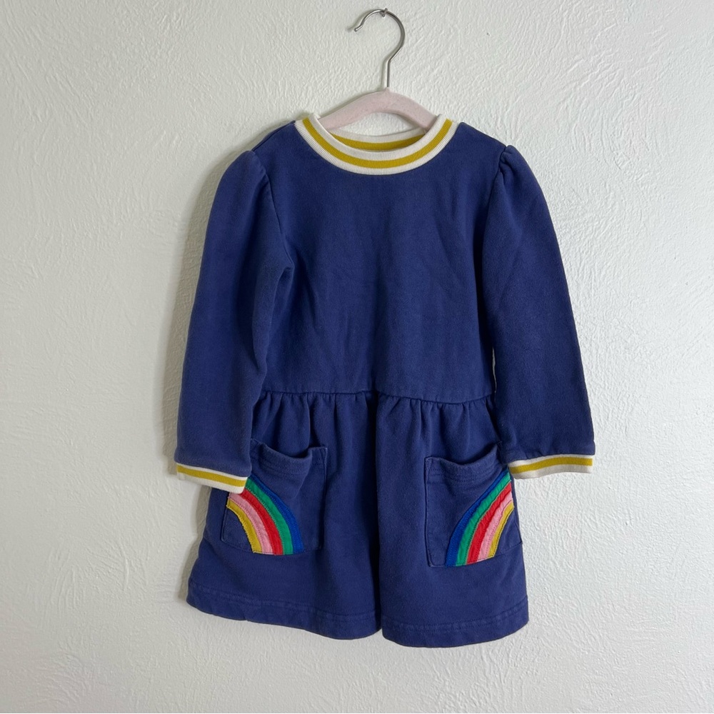 Mini Boden Knit Dress Rainbow Pocket Long Sleeve Navy Cotton Girls Size 2-3Y